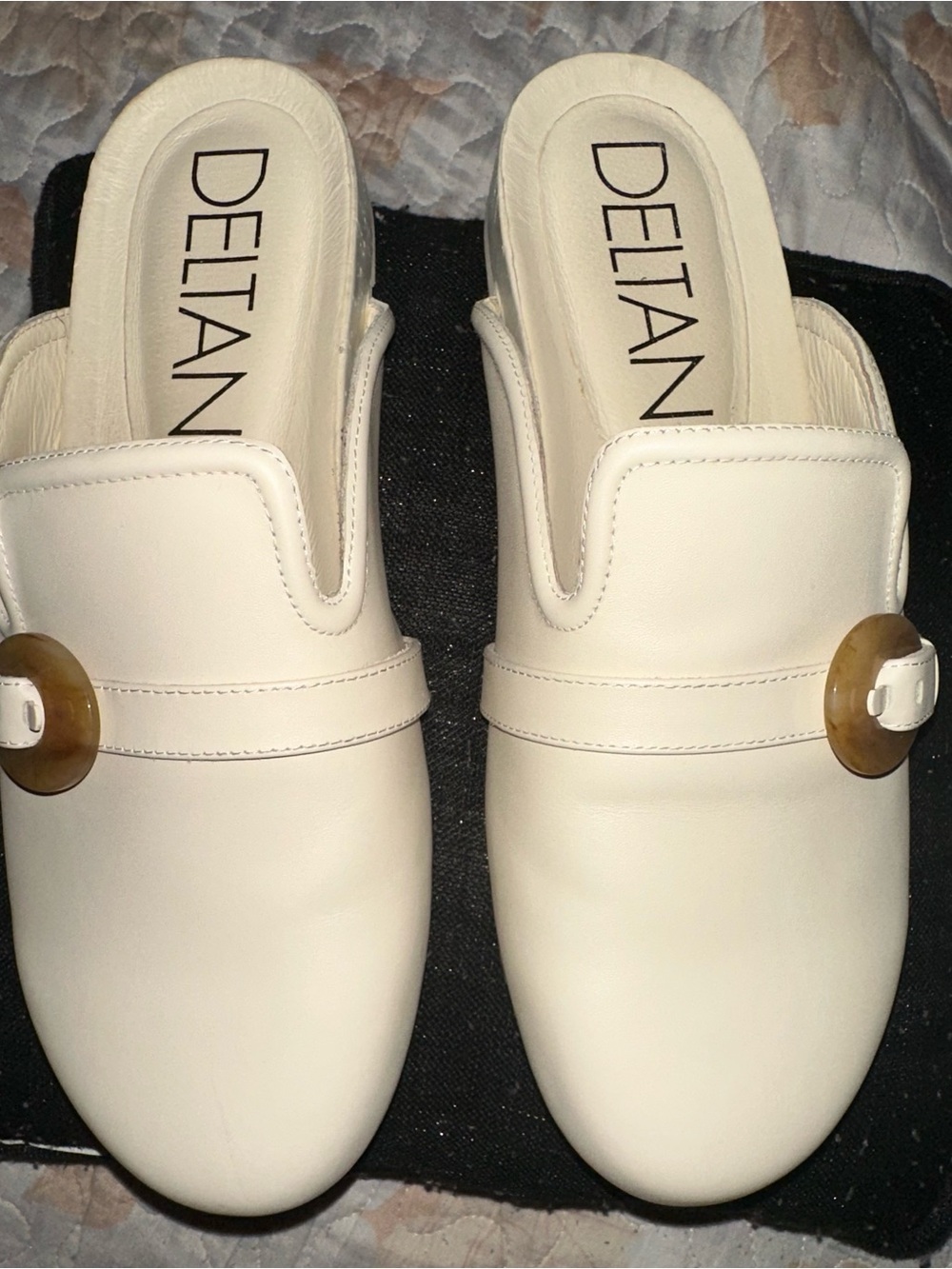 Deltan Cream Leather Slip-On Mules with Accent Buckle